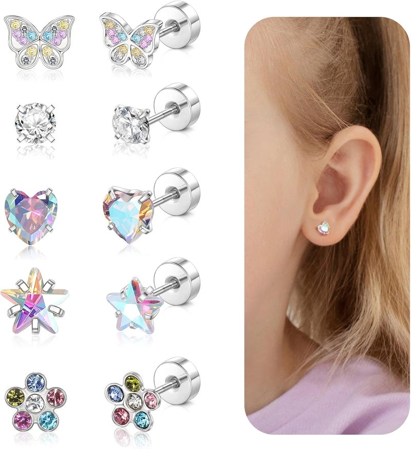 DALI Hypoallergenic Earrings for Girls,Toddler Screw Back Earrings for Kids Baby Women,Lightweight Surgical Steel Cute Pink Bow Butterfly Heart Flower CZ Flat Back Stud Earring for Sensitive Ears - Image 1
